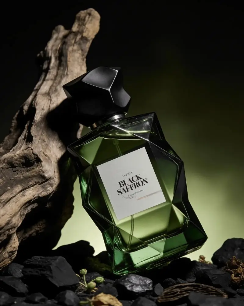 Luxury Unique Perfume Bottle Mockup With Natural Elements And Dark Background