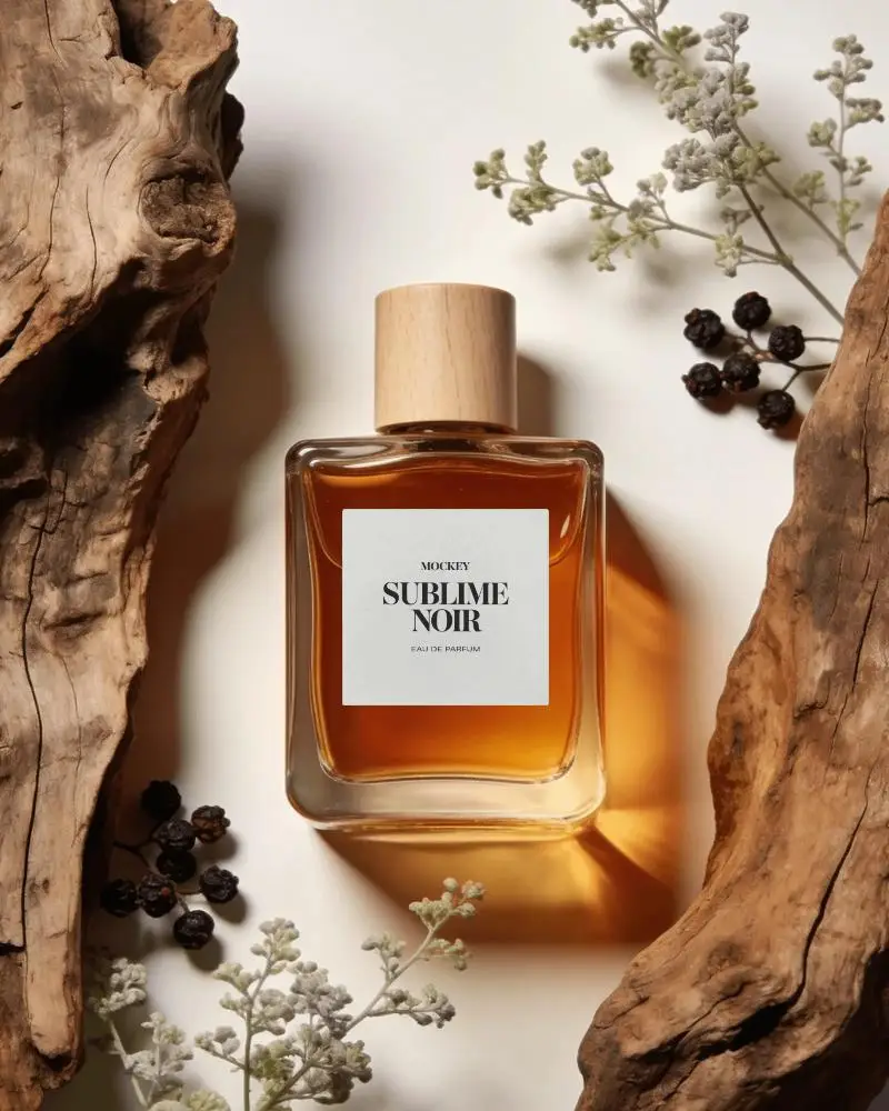 Natural Wooden Cap Perfume Bottle Mockup With Floral Berries And Wooden Elements Mockup