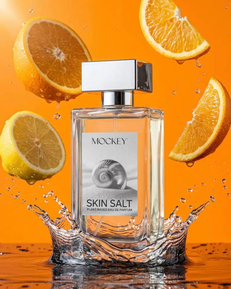 Citrus Infused Perfume Mockup Splashing Water Fruity Aroma Fresh Scent Packaging