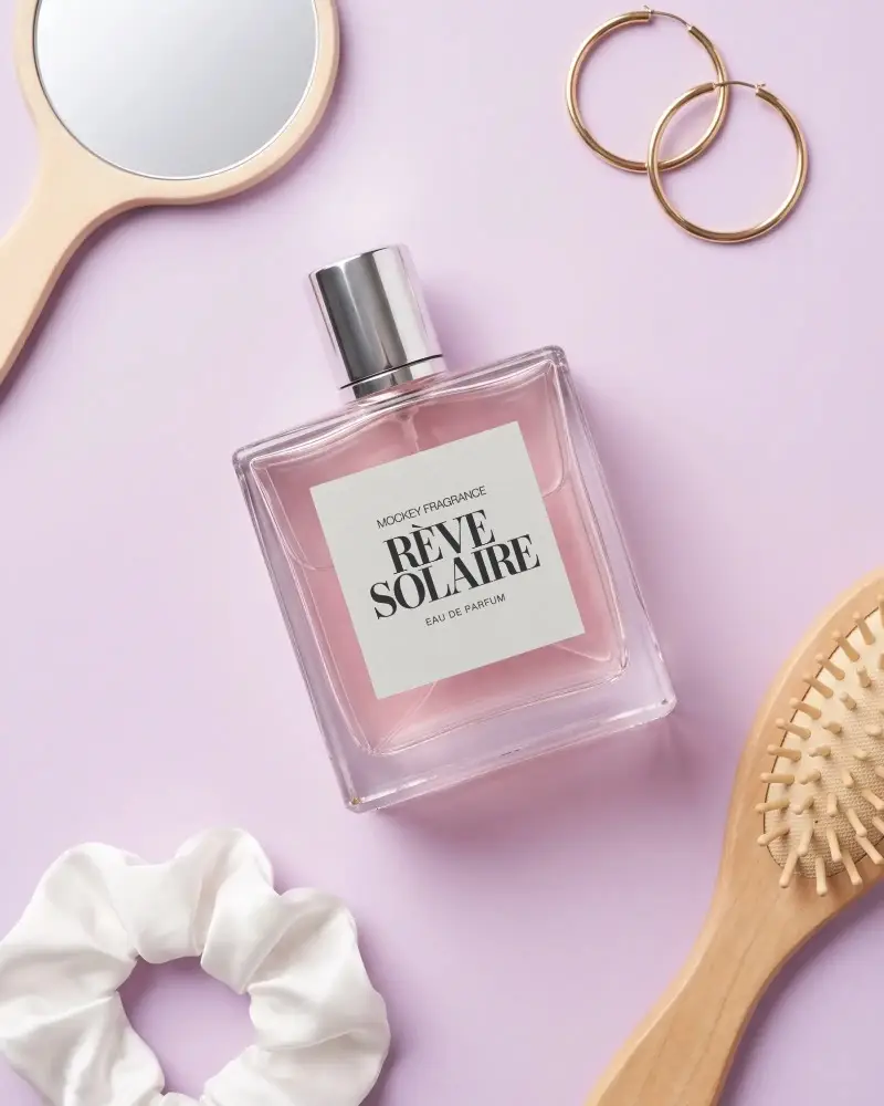 Luxury Perfume Mockup Flatlay With Accessories For Beauty Social Media Content Creator