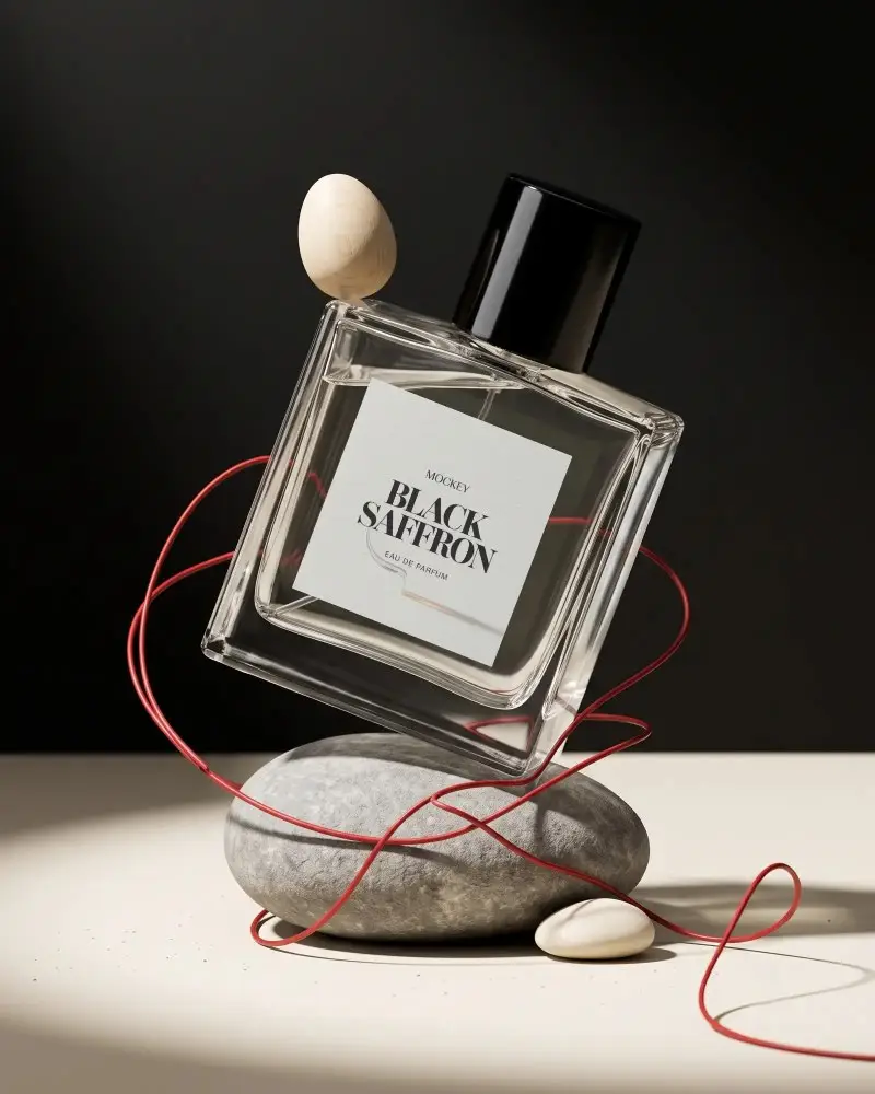 Elegant Minimalist Perfume Bottle Mockup With Natural Stone And Abstract Wire Decoration
