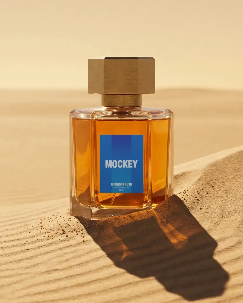 Luxury Perfume Bottle Mockup With Clear Glass Design On Sand Dunes Background