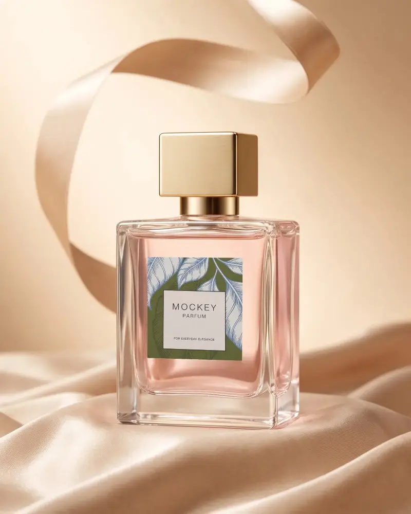 Luxury Glass Perfume Bottle Mockup With Elegant Satin Fabric Background For Branding