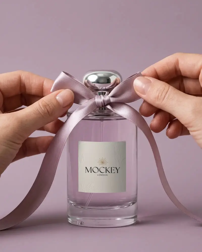 Elegant Perfume Bottle Mockup With Decorative Ribbon Perfect For Fragrance Branding