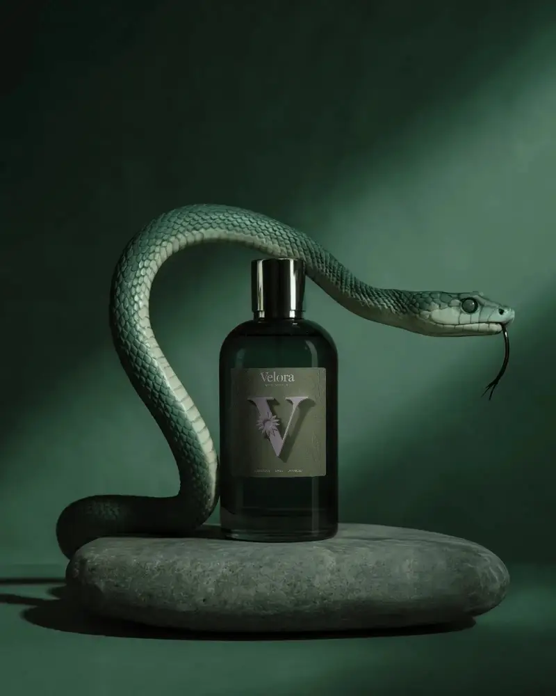 Sleek Glass Perfume Mockup Surrounded By Coiled Snake On Natural Stone Stand