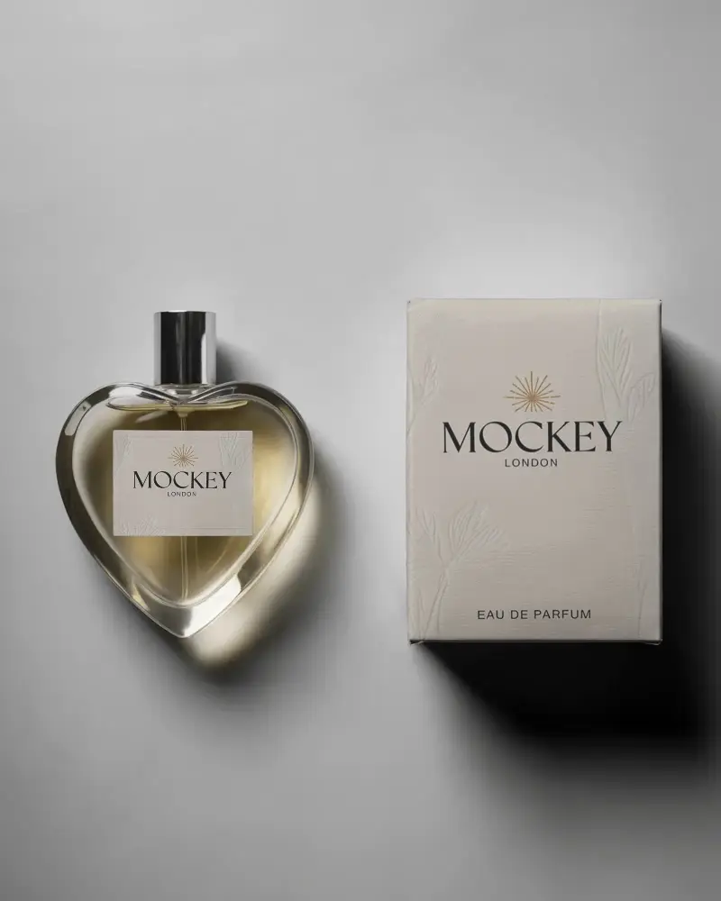 Heart Shaped Perfume Bottle Mockup With Minimalist Box Packaging For Luxury Fragrance Branding
