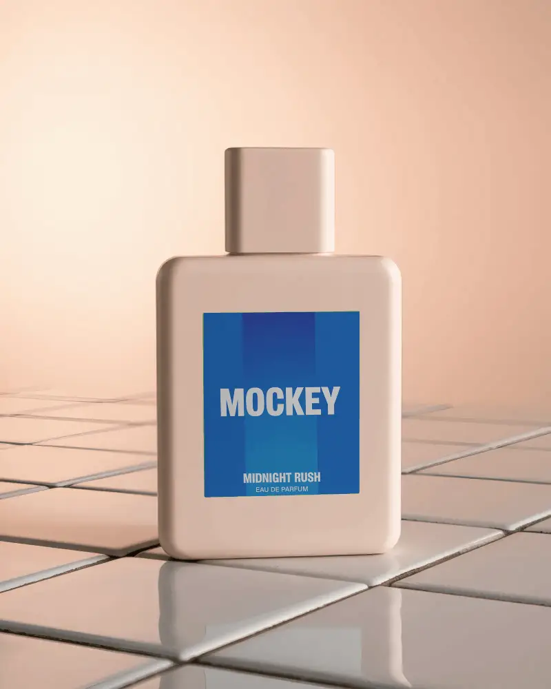 Soft Aesthetic Perfume Bottle Mockup Modern Nude Toned Bottle On Grid Tile Surface With Gradient Backdrop