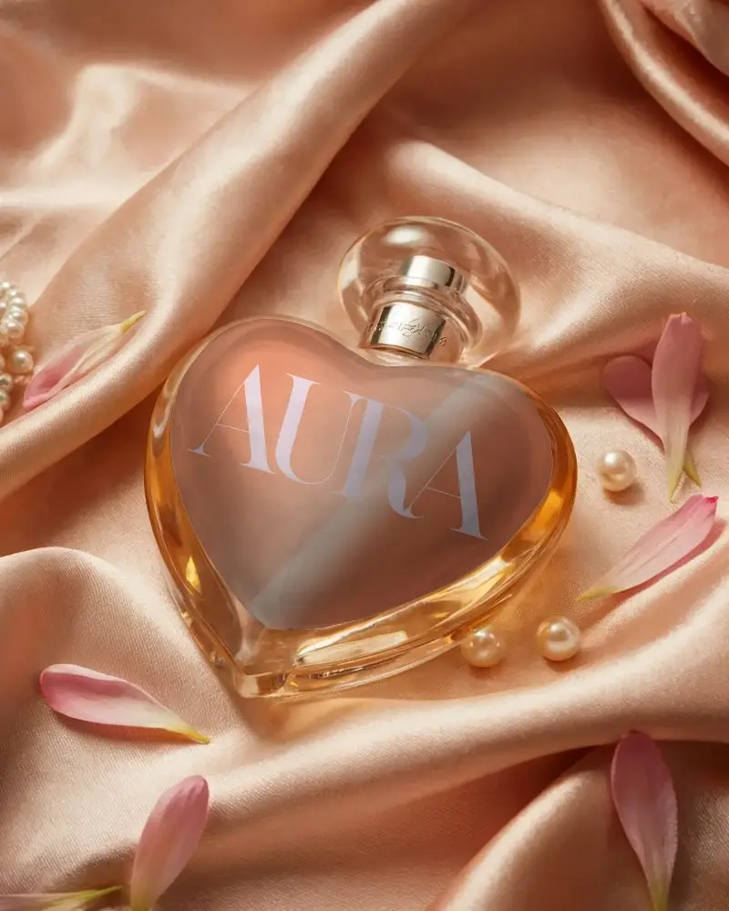 Romantic Luxury Fragrance Mockup With Heart Bottle Surrounded By Floral Petals