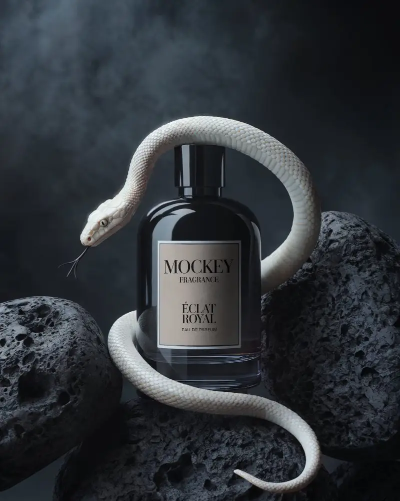  Luxurious Black Glass Perfume Bottle Mockup With Elegant Blank Label And Snake Decoration