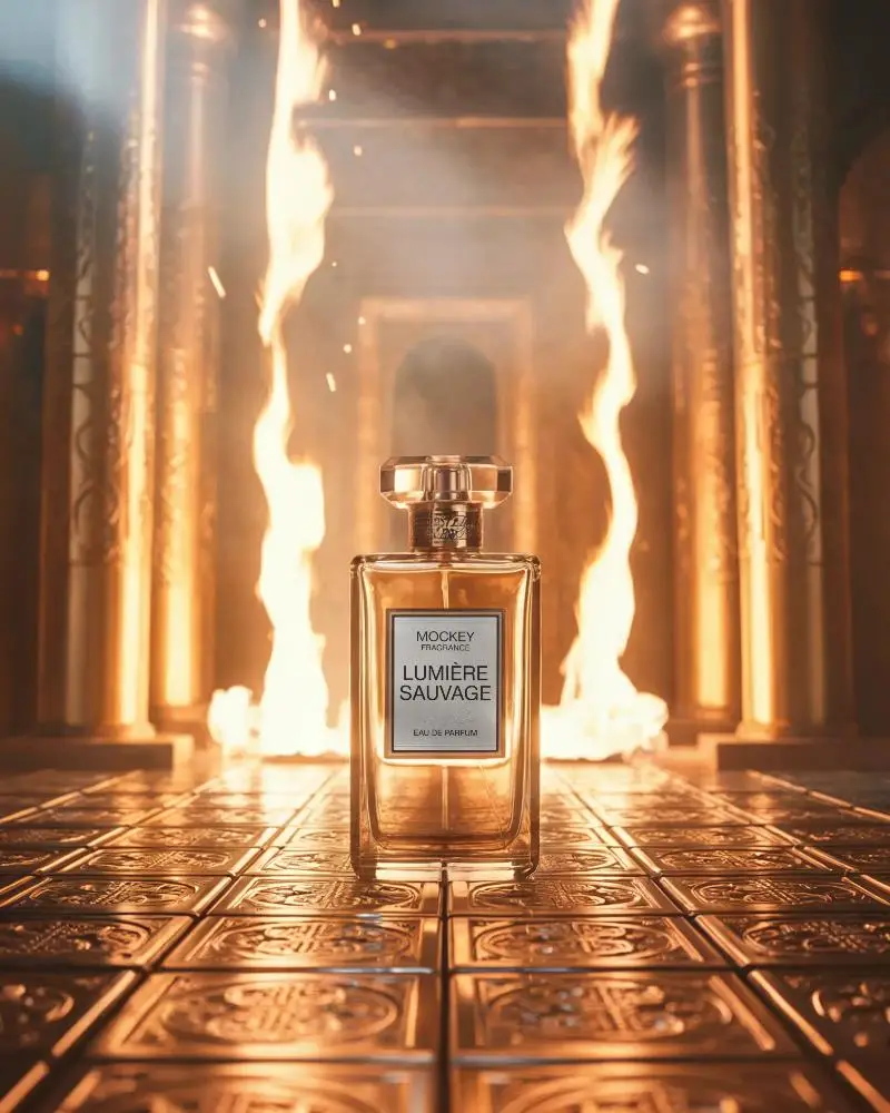 Elegant Glass Perfume Bottle Mockup Showcased In Grand Setting With Intense Fire Lighting Effect