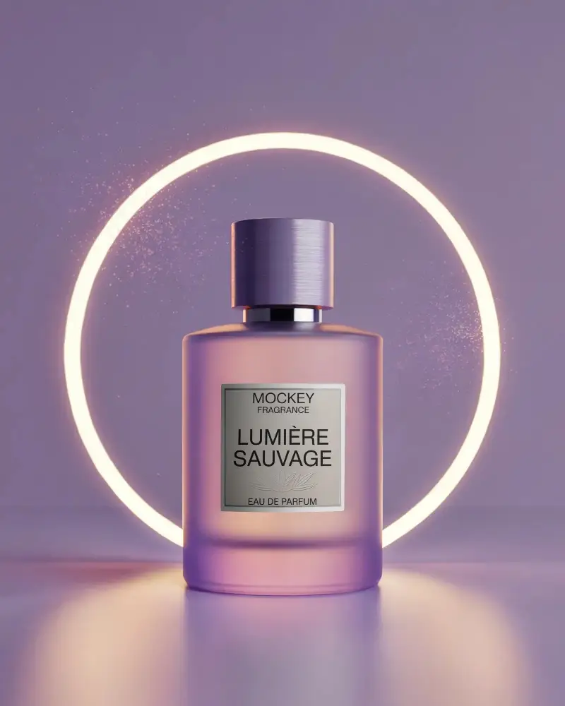 Elegant Perfume Bottle Mockup With Glowing Light Ring For Beauty Brand Advertising