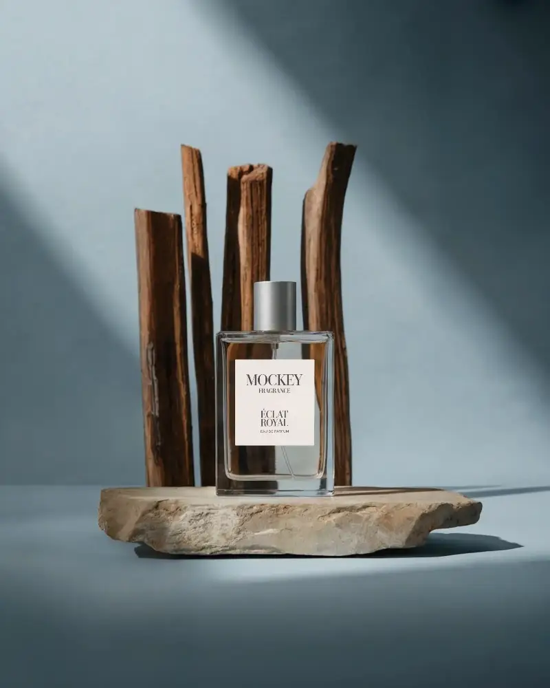 Elegant Rectangular Glass Perfume Bottle Mockup On Natural Stone Display With Wooden Background