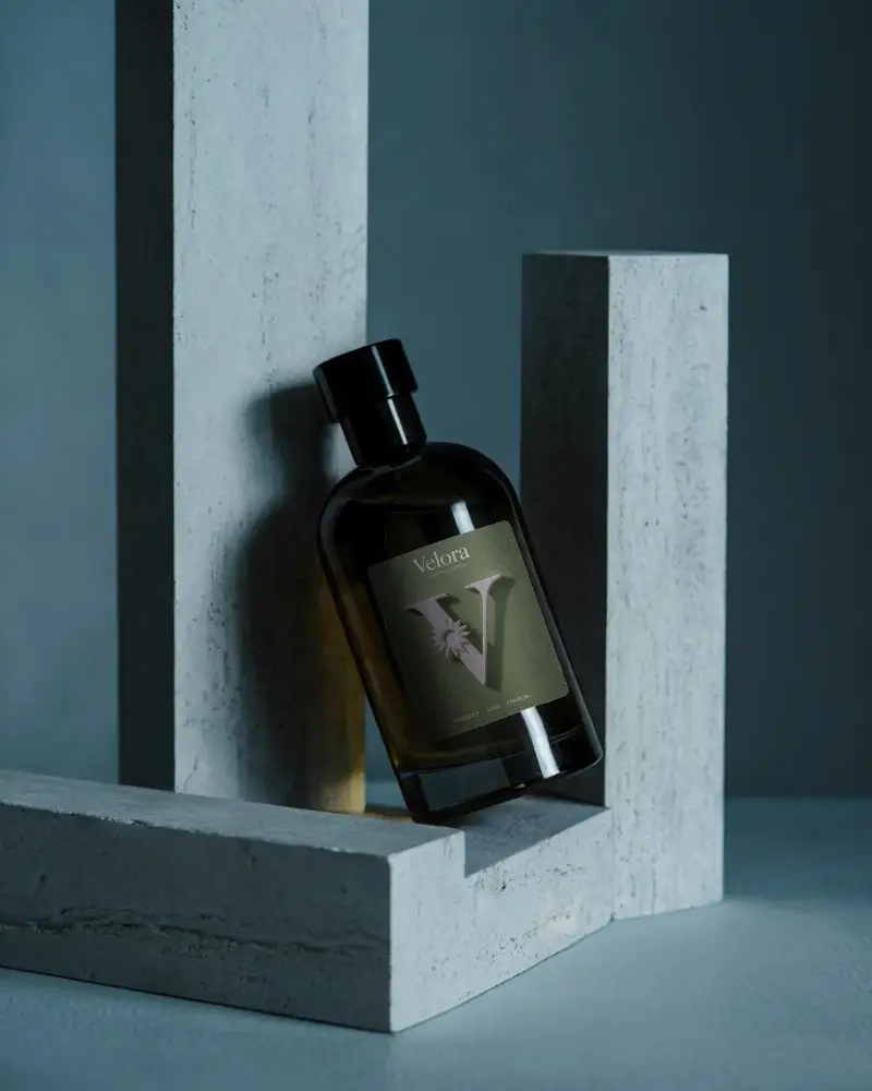 Luxury Perfume Bottle Mockup On Modern Abstract Concrete Structure For Elegant Display