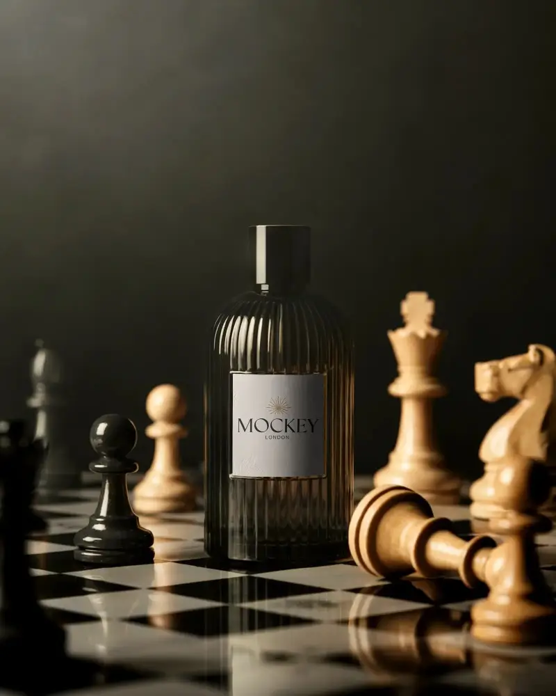 Luxury Perfume Bottle Mockup On Elegant Chessboard With King And Queen Pieces