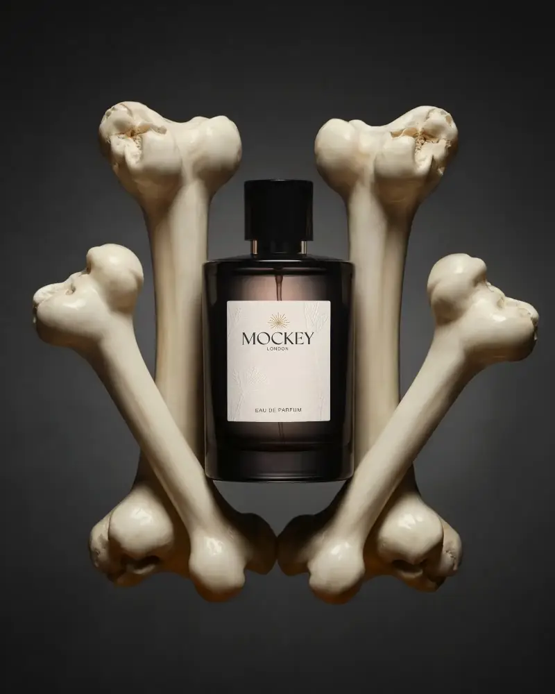 Luxury Perfume Bottle Mockup With Bone Structure Frame For Premium Fragrance Brand Ads