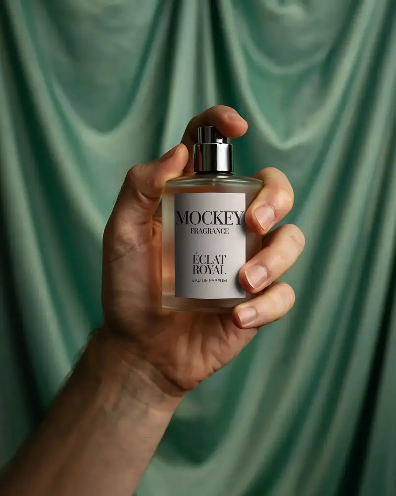 Luxury Perfume Spray Bottle In Hand Clear Glass Container With Minimalistic Label Template