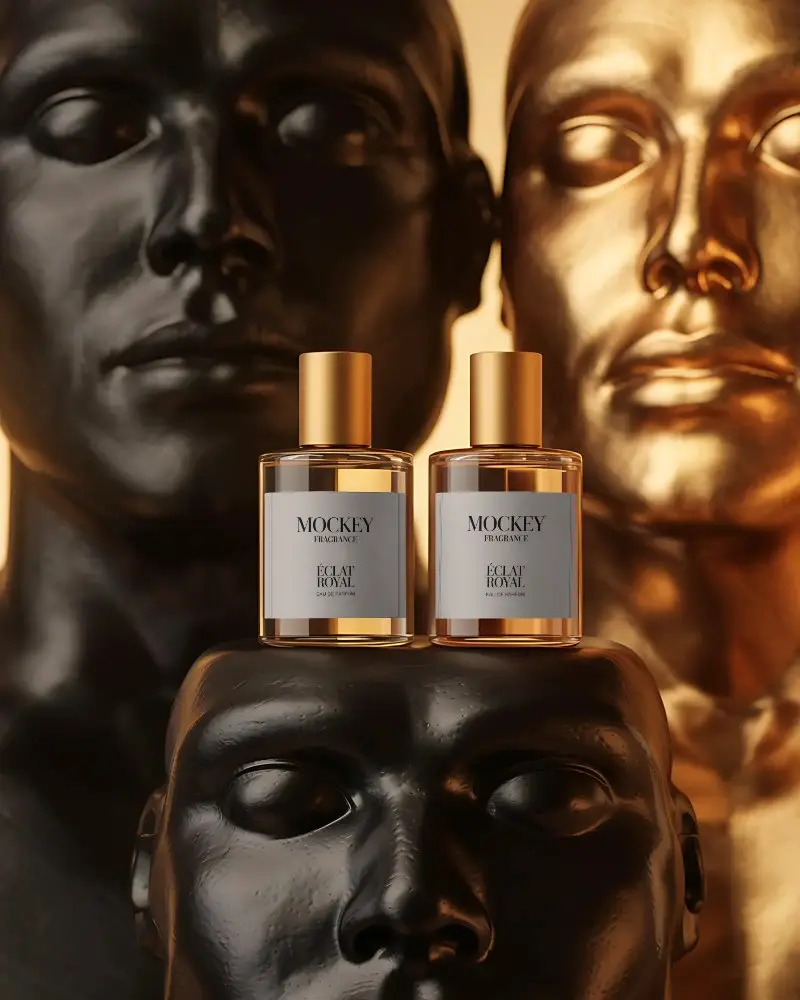 Luxury Perfume Bottles Mockup On Abstract Sculpted Human Heads Artistic Visual Branding