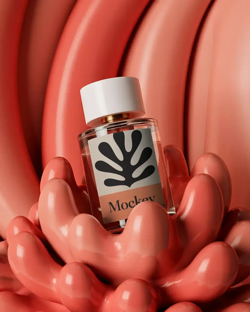 Luxury Perfume Bottle Mockup With Blank Label Standing Inside Unique Organic Pod Shape