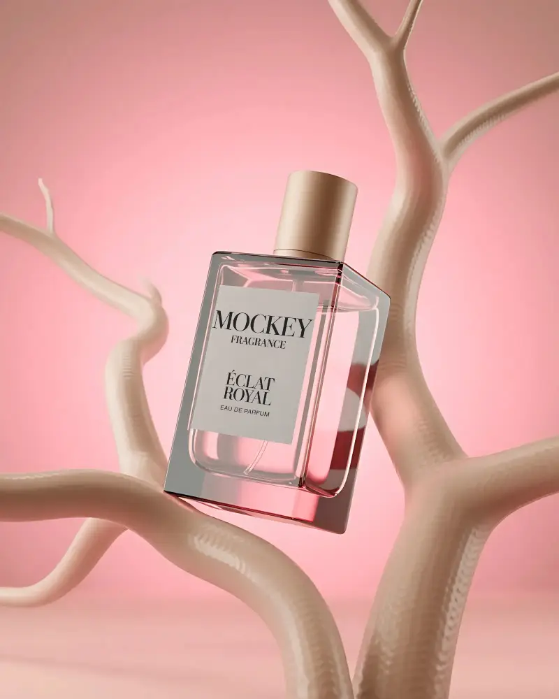 Luxury Perfume Bottle Mockup Floating On Abstract Organic Branches For Advertisement