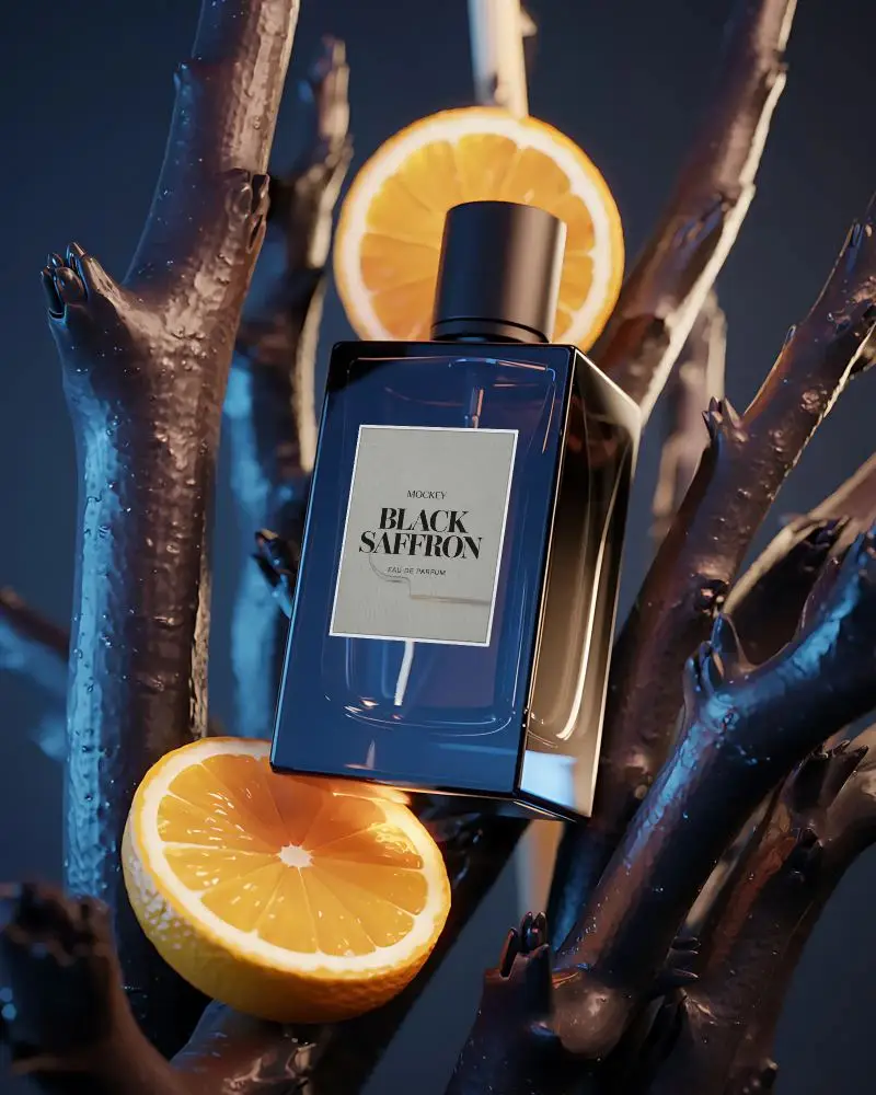 Luxury Perfume Bottle Mockup With Citrus Fruits For Fresh Elegant Fragrance Presentation