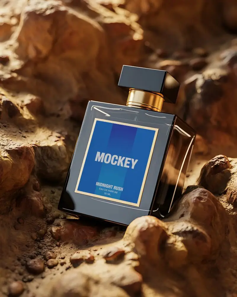 Luxury Perfume Bottle Mockup Showcasing Elegant Design On Rough Textured Natural Background