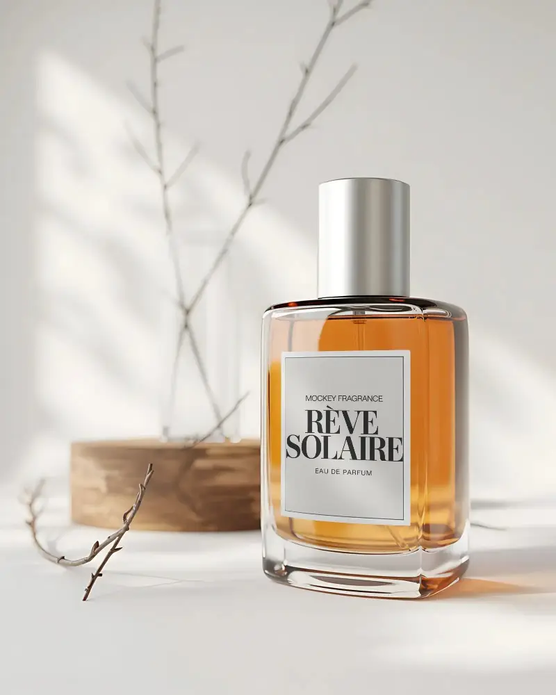 Premium Fragrance Bottle Mockup Showcasing Simple Clean Label And Stylish Cap Design