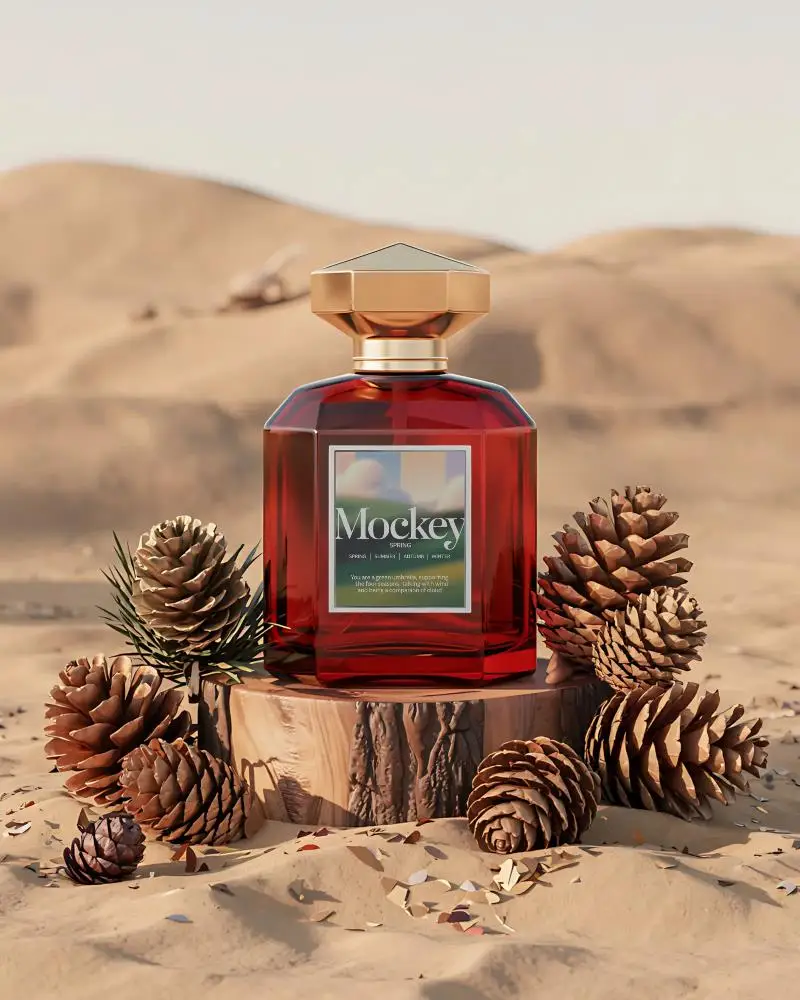 Premium Scent Bottle Mockup Surrounded By Pine Cones Wood Texture Nature Theme