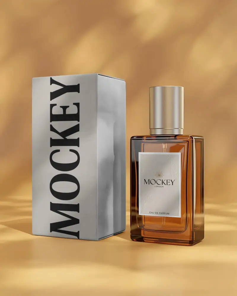 Premium Glass Perfume Bottle Mockup With Elegant Black Packaging For Luxury Fragrance Display