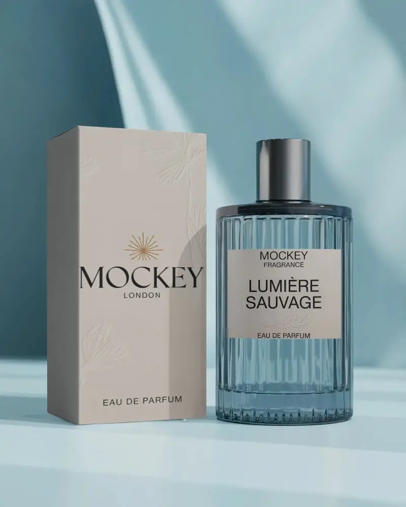 Premium Perfume Bottle Mockup With Ribbed Texture And Simple Label Design Template