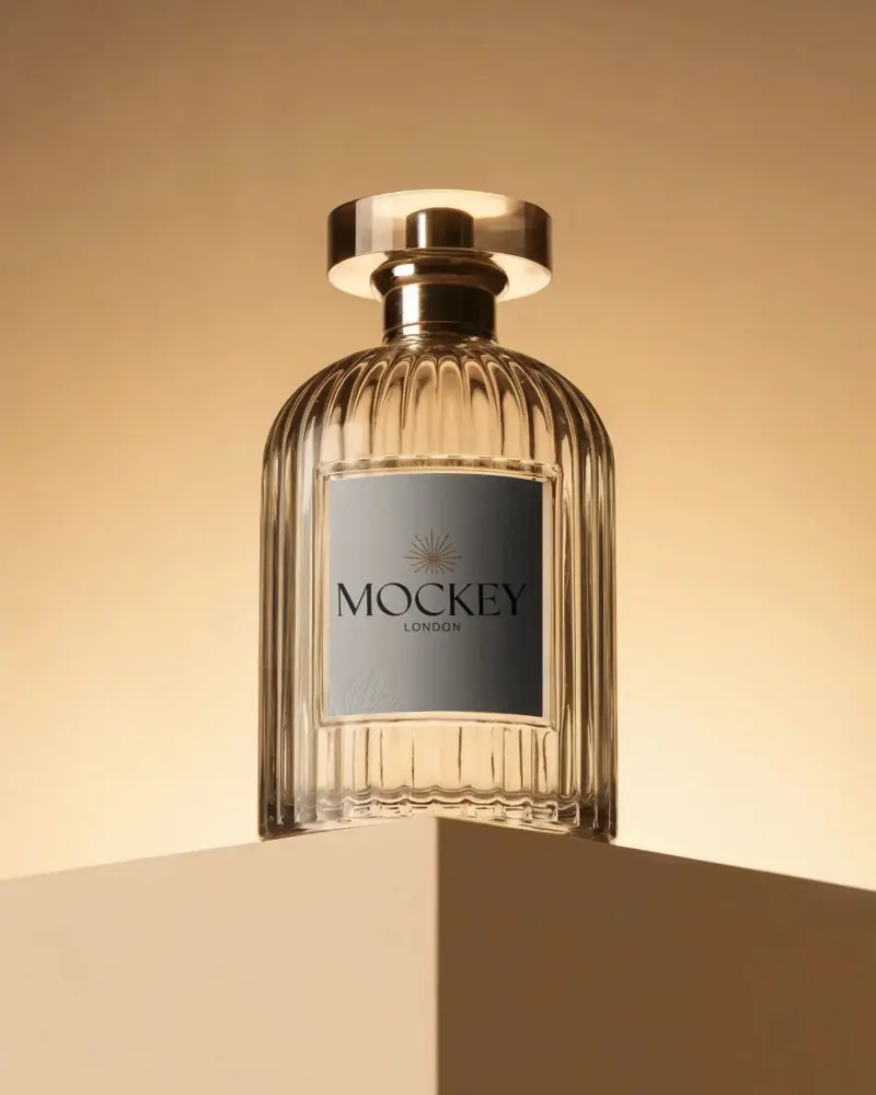 Elegant Ribbed Glass Perfume Bottle Mockup With Blank Label On Minimalist Platform Background