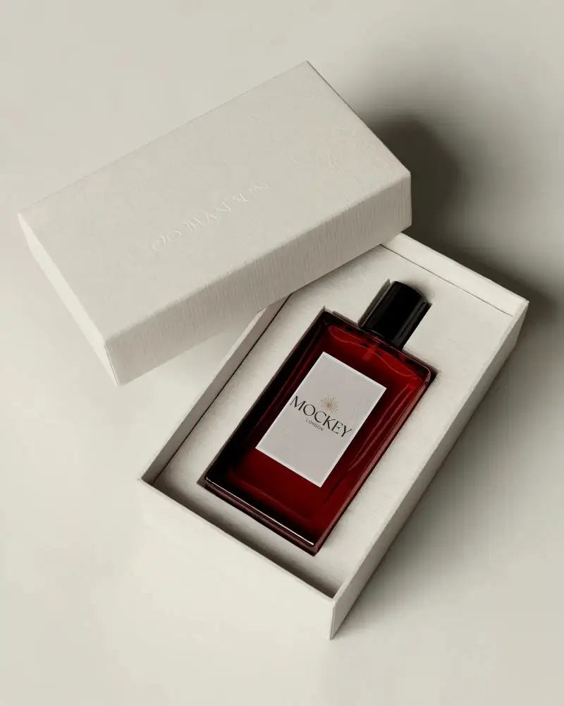 High End Fragrant Perfume Bottle Mockup In Simple Style Box Perfect For Luxury Brand Display