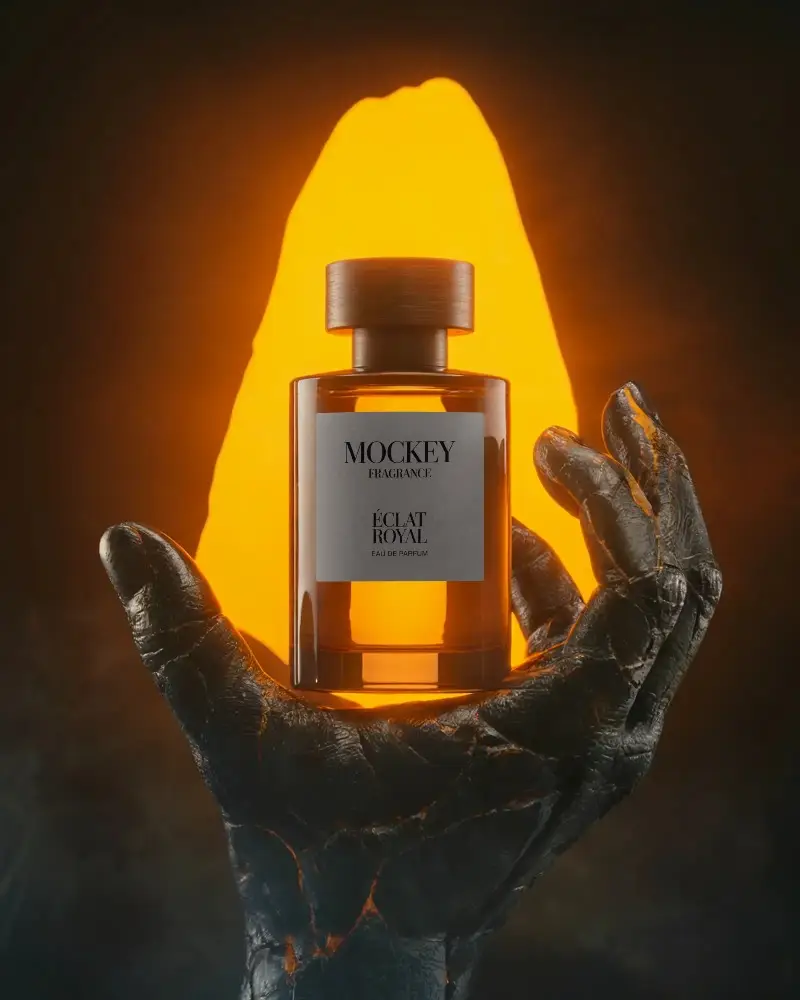 Luxury Perfume Bottle Mockup Held By Stone Textured Hand With Glowing Background