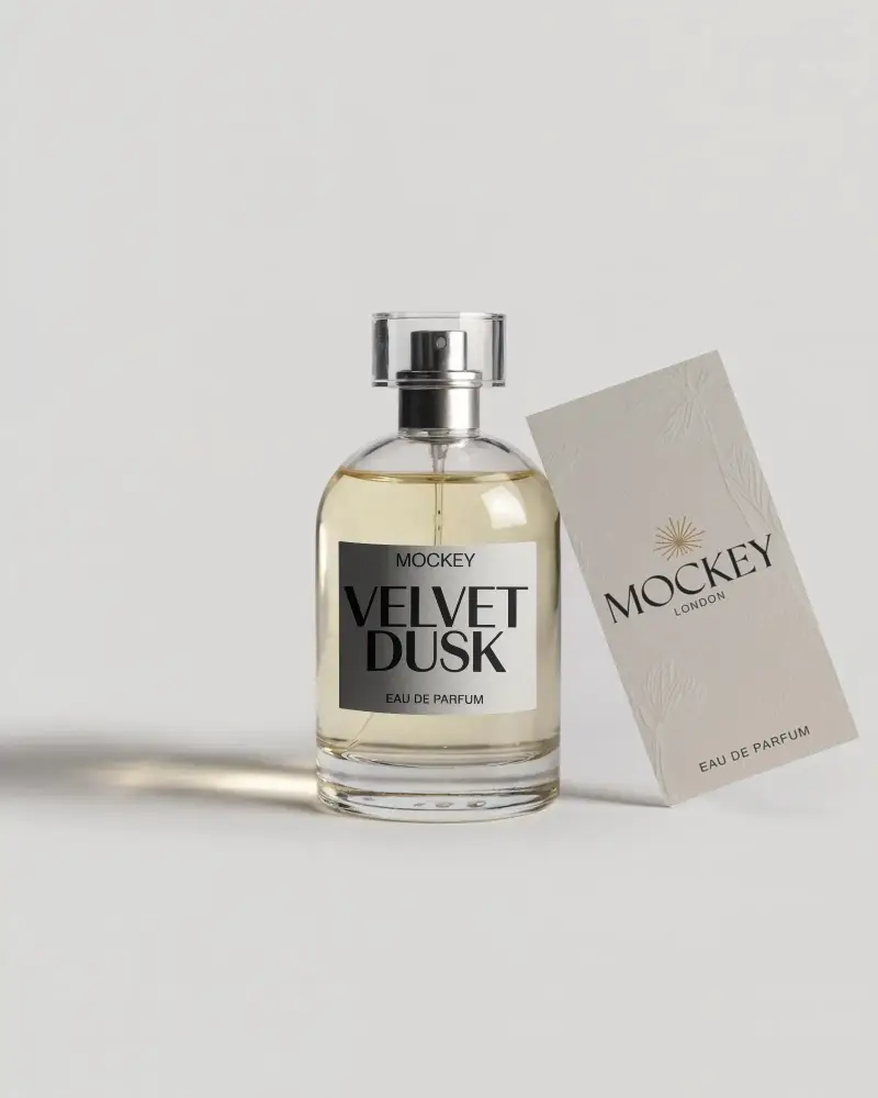 Realistic Transparent Perfume Bottle Mockup With Customizable Label And Floating Tag