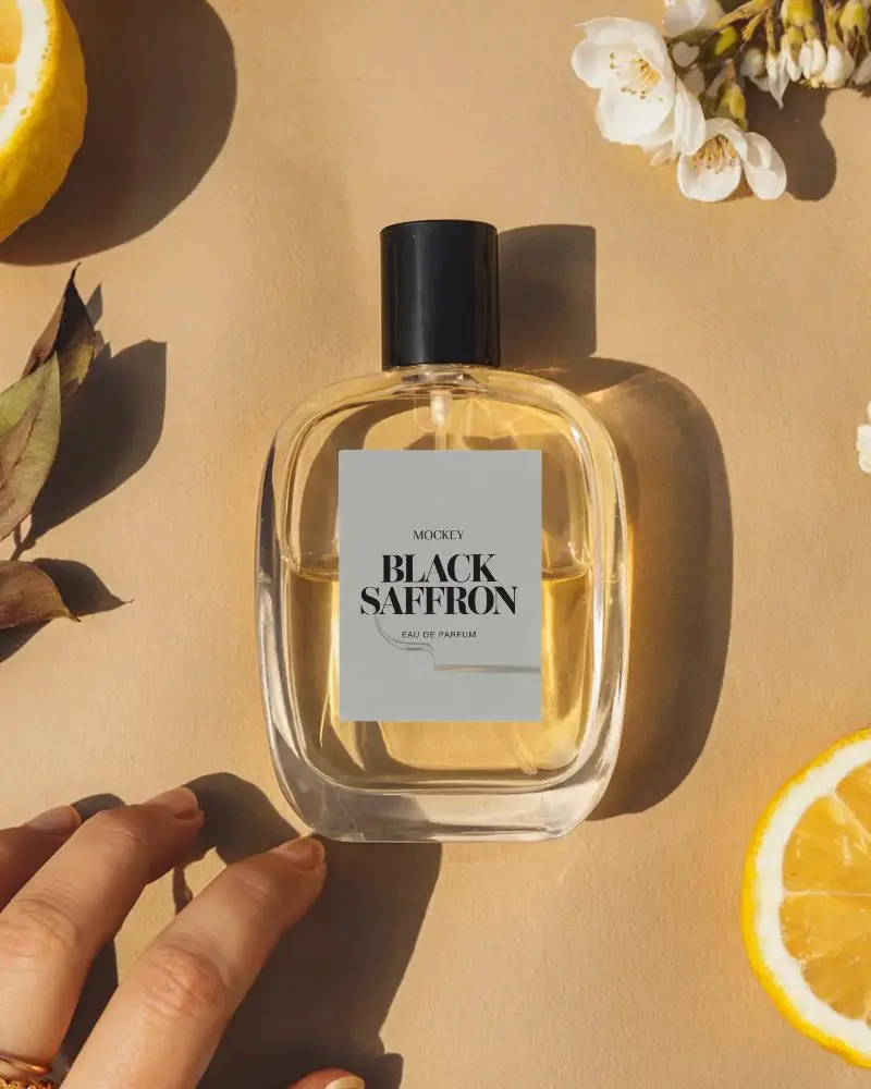 Elegant Glass Perfume Bottle Mockup With Floral And Citrus Elements Stylish Aroma Mockup