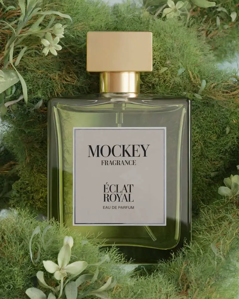 Luxury Perfume Bottle Mockup With Minimalist Label Design And Natural Floral Background