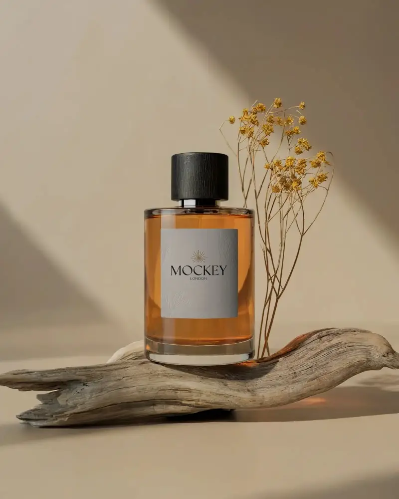 Minimalistic Perfume Bottle Mockup With Organic Elements For High End Fragrance Sale