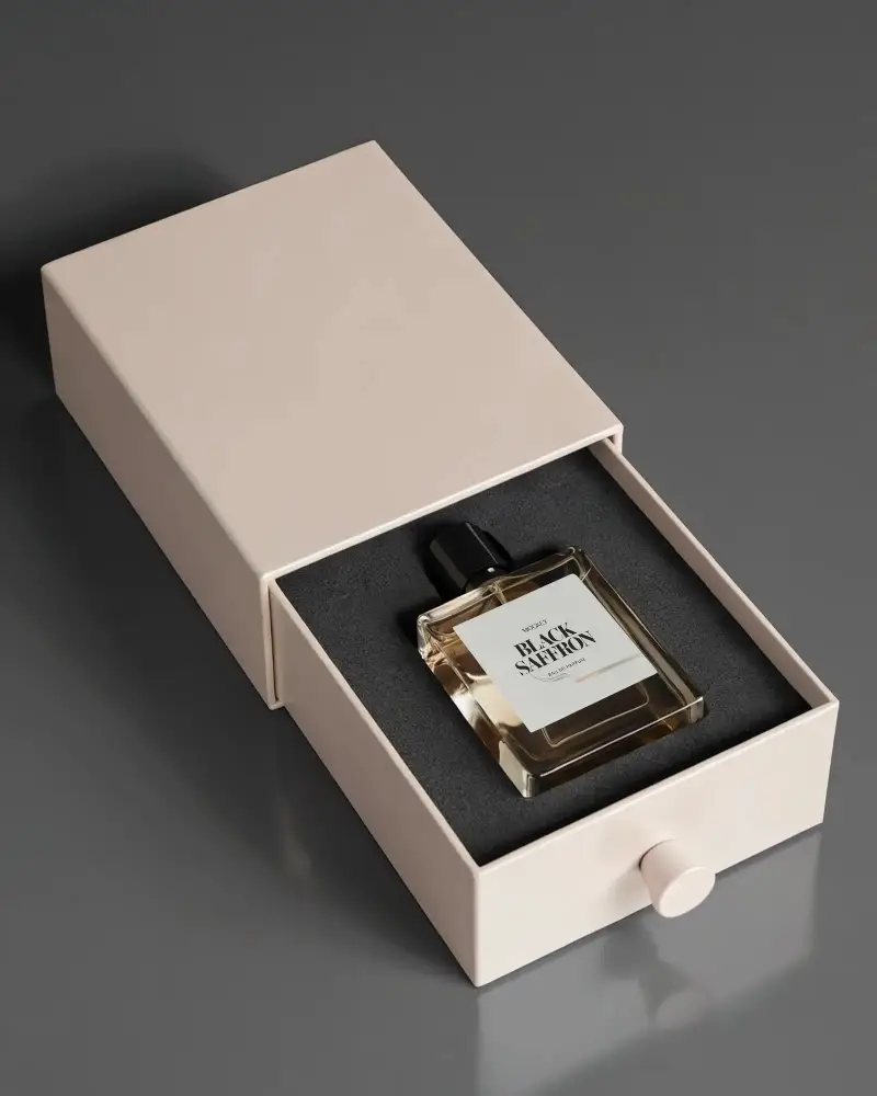 Sleek Glass Perfume Bottle Mockup In Minimalist Drawer Box For Brand Presentation
