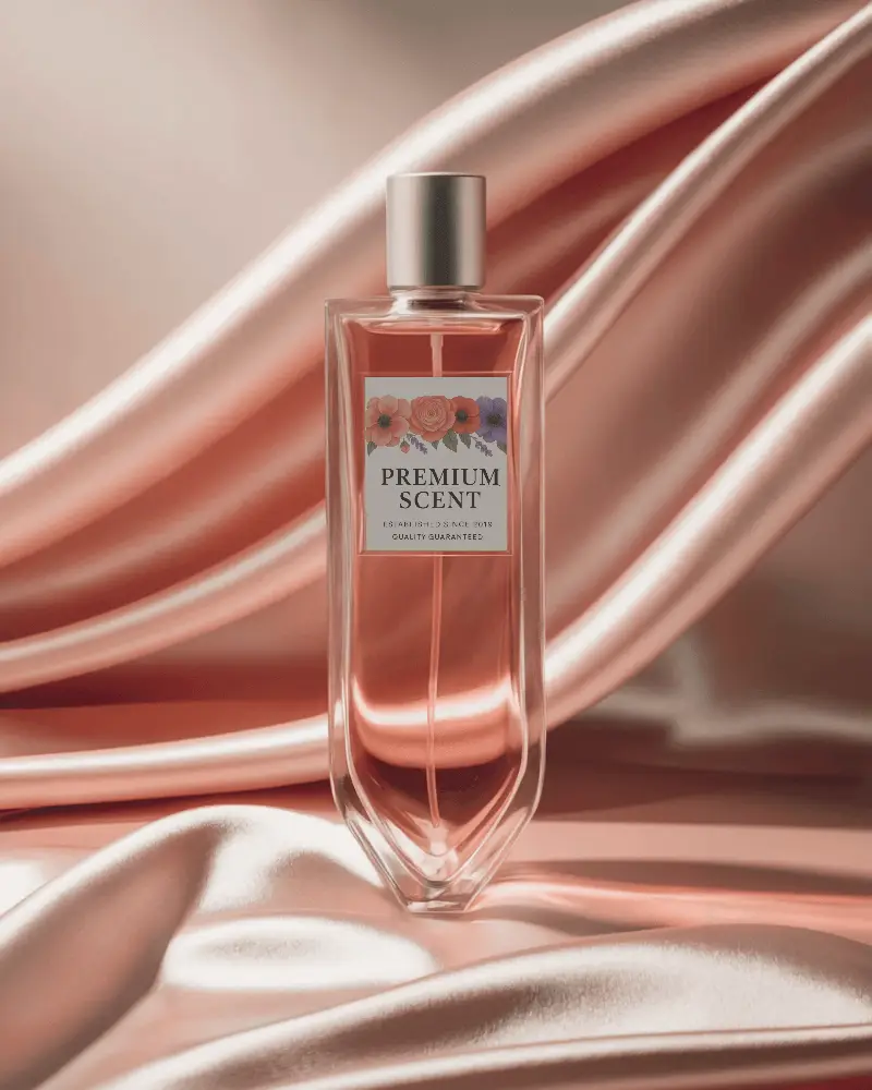 Premium Scent Bottle On Luxurious Silk Fabric Background
