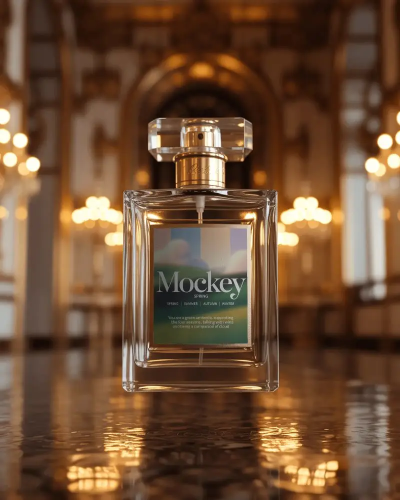 Luxury Perfume Bottle Mockup Glass Design In Opulent Golden Palace Hall Luxury Display Scene