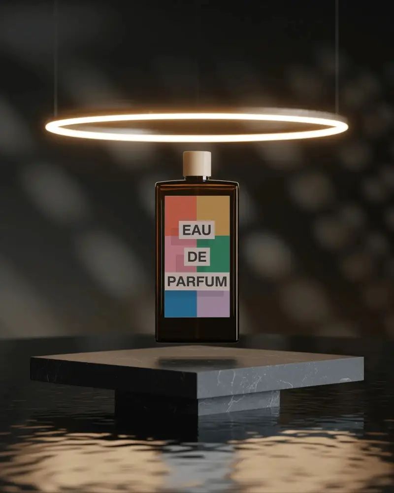 Luxury Perfume Bottle Mockup Under Glowing Halo Light On Stone Platform Modern Futuristic Scene