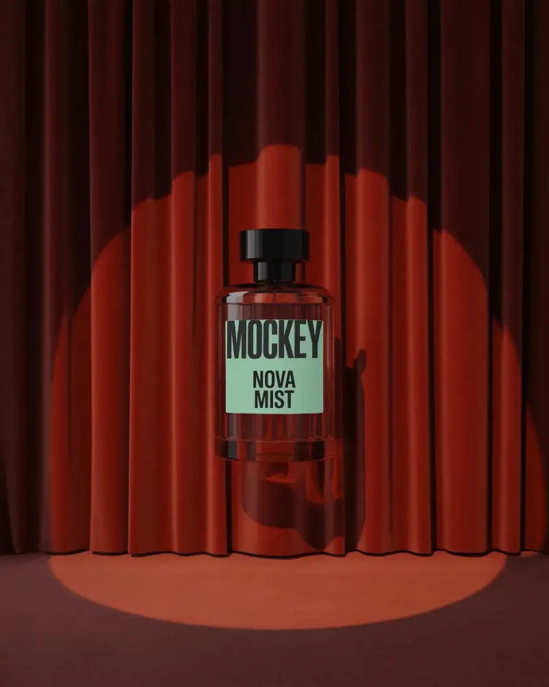 Luxury Perfume Bottle Mockup Under Glowing Halo Light On Stone Platform Modern Futuristic Scene