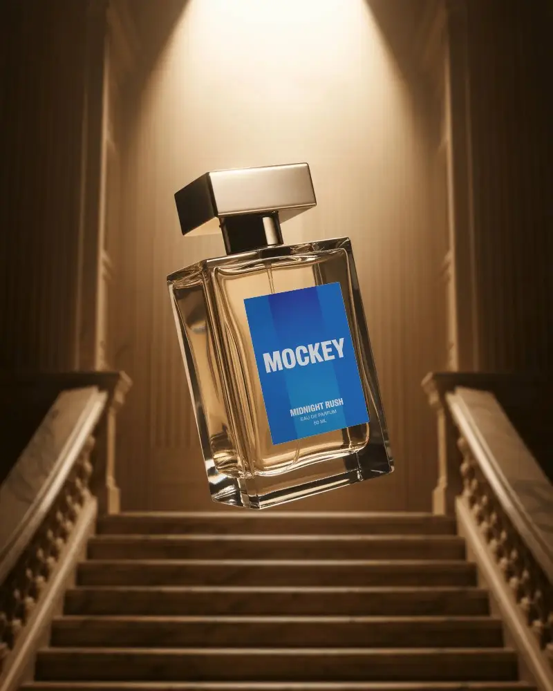 Luxury Perfume Bottle Mockup Floating Above Grand Marble Staircase With Dramatic Lighting Scene