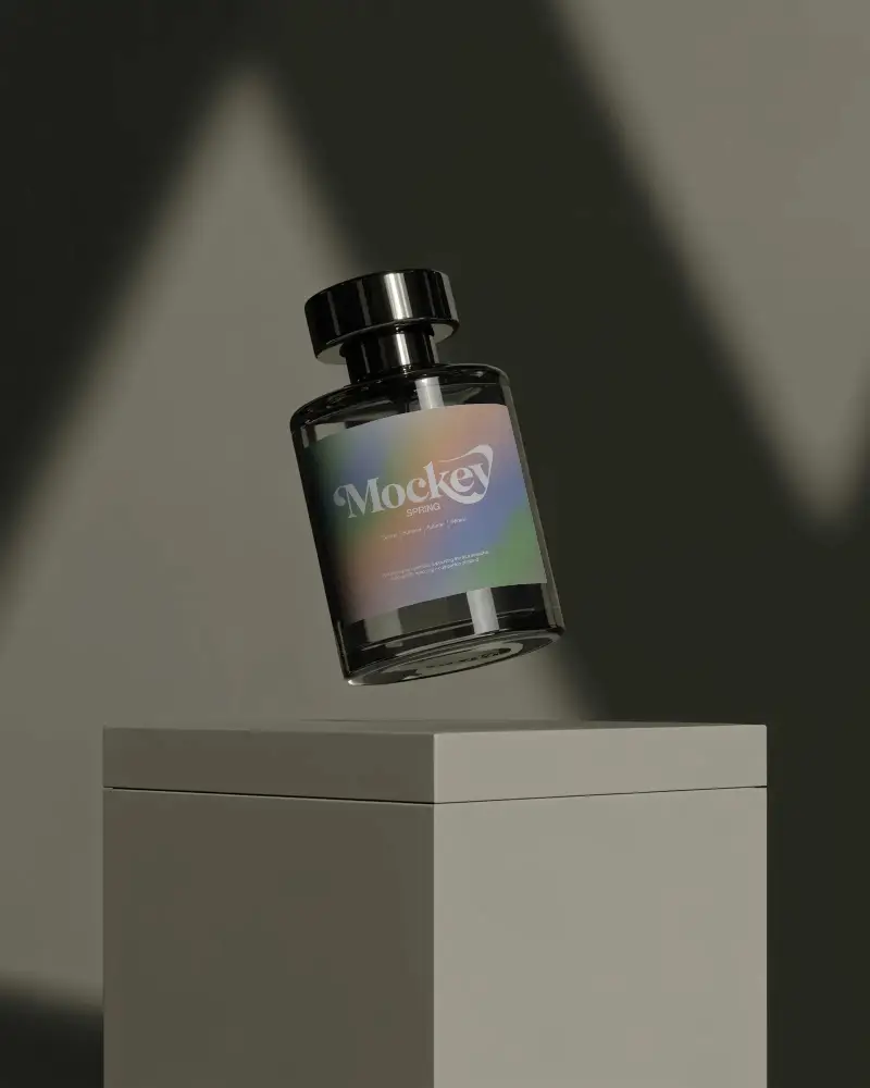 Luxury Perfume Bottle Mockup Floating Above Pedestal With Dramatic Shadow Lighting Minimal Scene