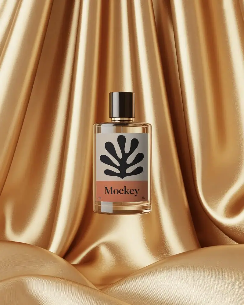 Luxury Perfume Bottle Mockup Floating On Rich Golden Satin Drapes Luxury Studio Display Scene