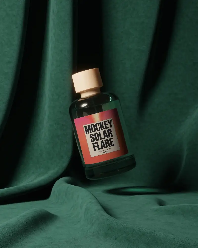 Luxury Perfume Bottle Mockup Floating On Rich Green Fabric With Golden Cap Premium Studio Scene