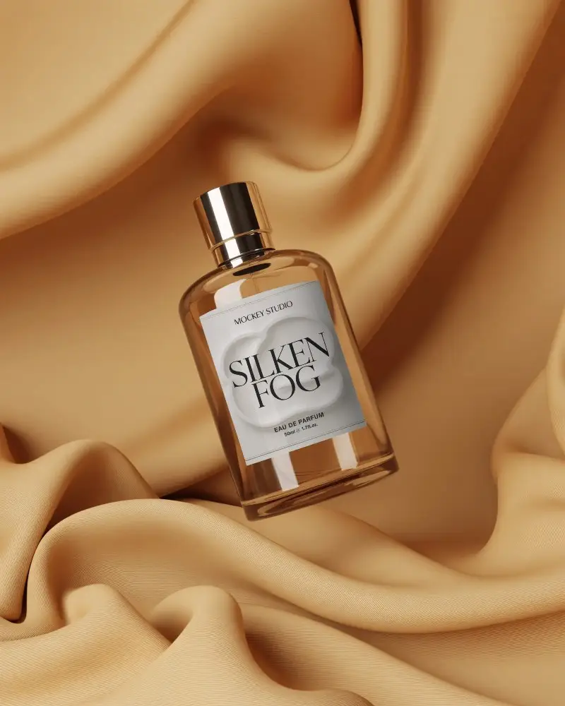 Dramatic Perfume Bottle Mockup Angled Glass On Beige Background Soft Shadows Luxury Studio Look