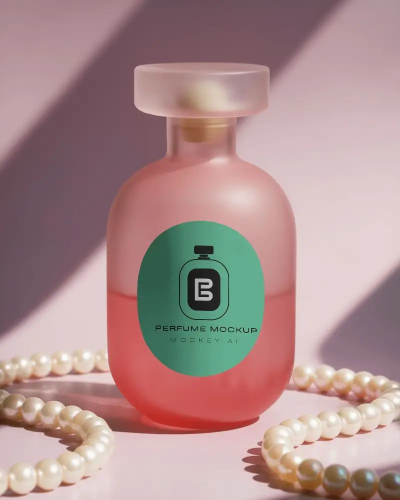 Luxury Cosmetic Mockup Pink Perfume Bottle With Matte Glass Finish And Minimal Label Amidst Pearls