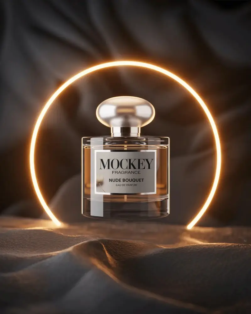 Luxury Perfume Bottle Mockup Round Glass Design Inside Glowing Light Ring On Dark Fabric Display