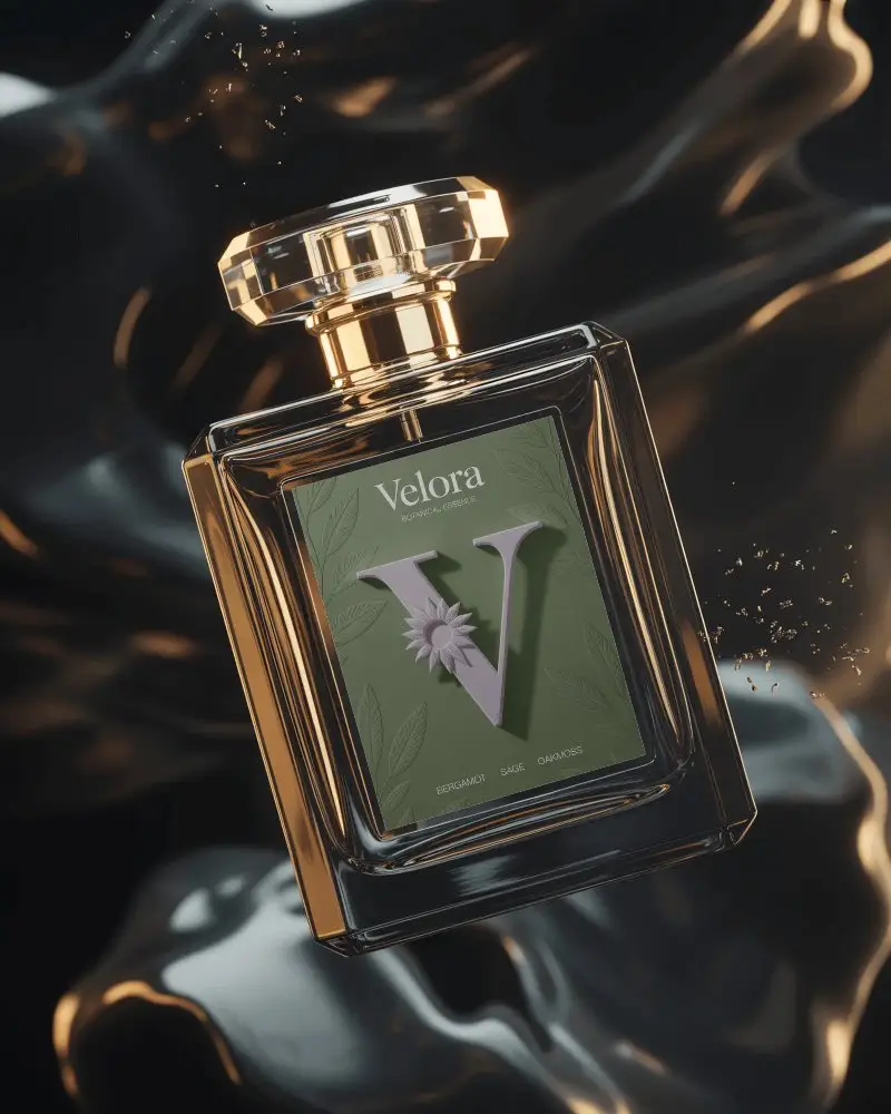 Luxury Perfume Bottle Mockup Square Glass With Golden Edges Floating On Dark Fluid Background