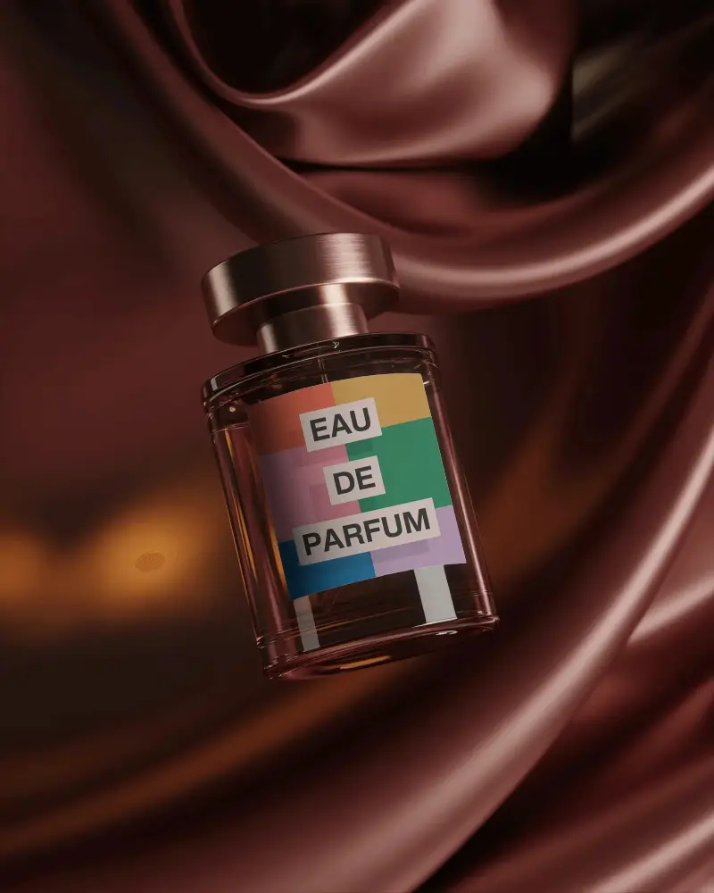 Luxury Perfume Bottle Mockup Round Glass Design Floating On Rich Burgundy Satin Premium Display